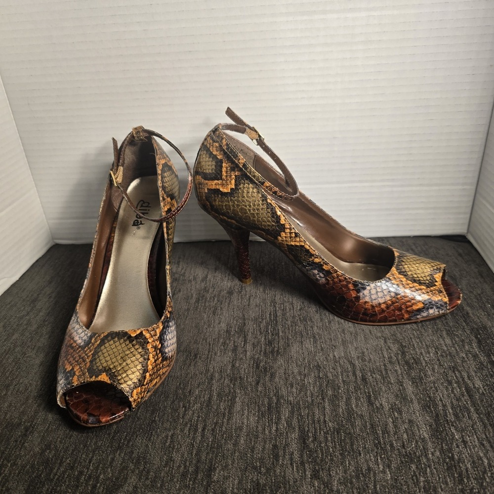 Diba Snakeskin Print Peep Toe Ankle Strap Pumps Brown Orange Gold Size 8.5M